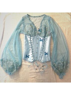 Empress Mimi Blue Sheer Satin Corset Top with Butterfly Embellishments #coquette